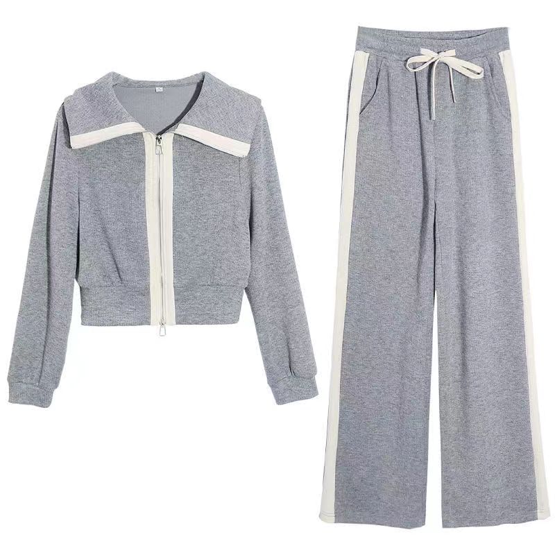 Everose - Set: Kraag Tweekleurige Ritsjas + Elastische Taille Wijde Pijpen Joggingbroek