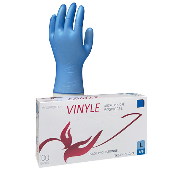 Gants jetables vinyle bleus poudrés taille 9, boîte de 100