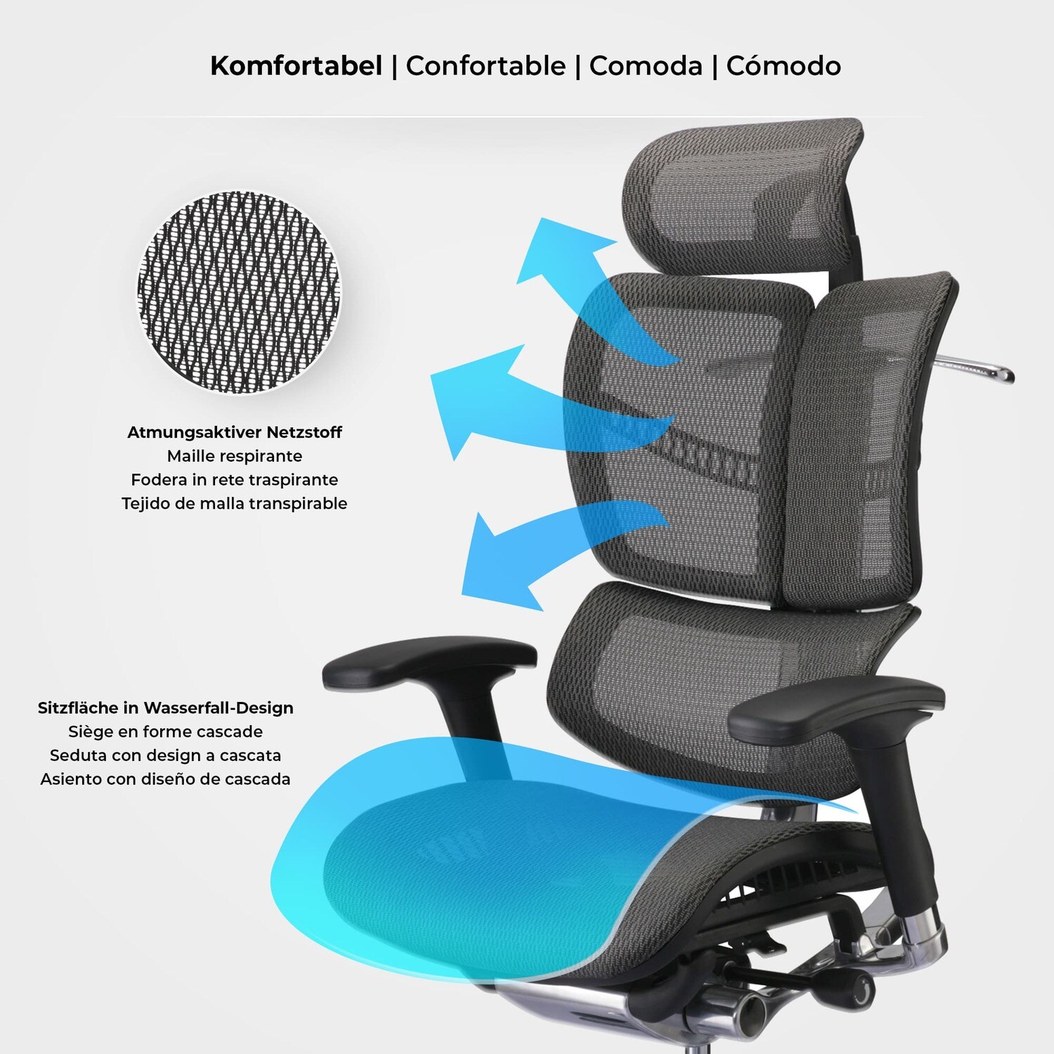 TPFLiving Bürostuhl Norman Ergonomic mit Netzbezug Grau