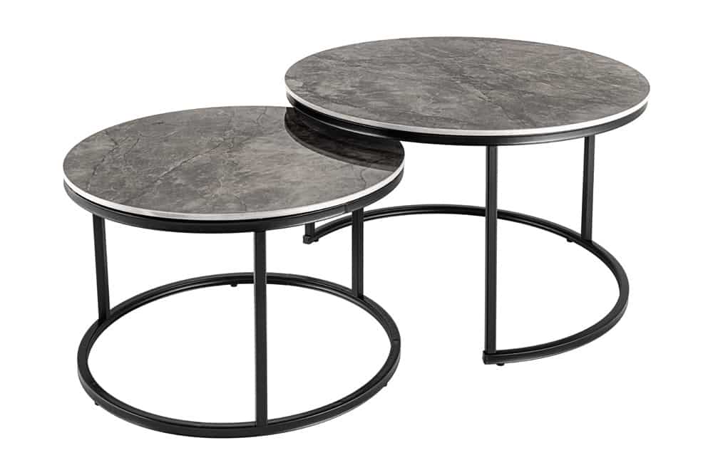 Runde Couchtische 2er Set ELEGANCE 70cm grau Keramik Marmor-Design Metall schwarz