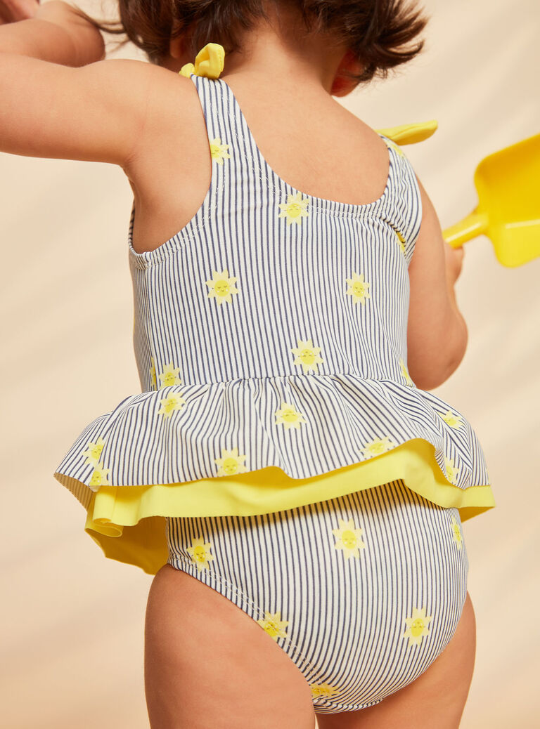 Maillot de bain 1 pièce bleu marine et jaune à imprimé à rayures et soleils