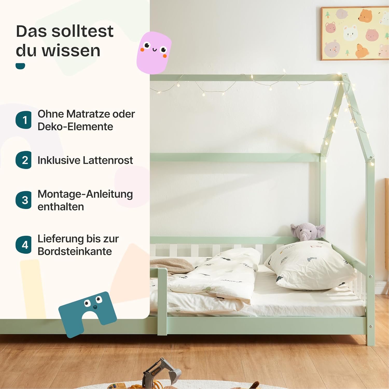 [en.casa] Kinderbett Hesel Hausbett Mintgrün 120 x 200 cm mit Rausfallschutz und Lattenrost Montessori Bodenbett Jugendbett Holzbett