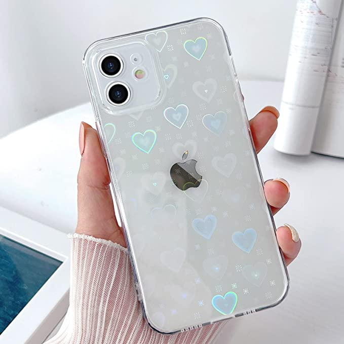 iPhone 12 Hybrid Hülle TPU Bumper   Laser Hologramm Glitzer Herze - Transparent