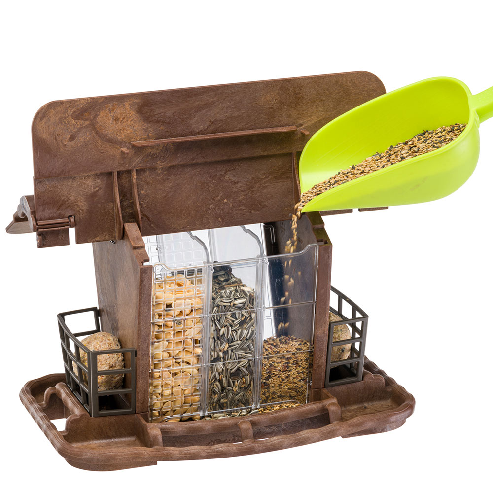 Mangeoire pour oiseaux sauvages jok 2, abri oiseaux, adaptée pour nourriture graines petites noisettes, boules de graisse, eau