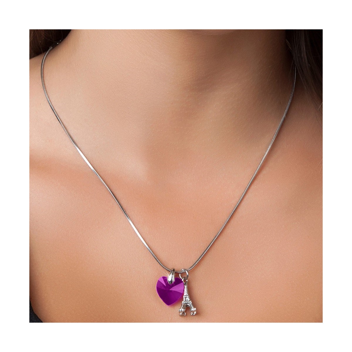 Collier coeur rose et Tour Eiffel SC Crystal orné de Cristaux scintillants