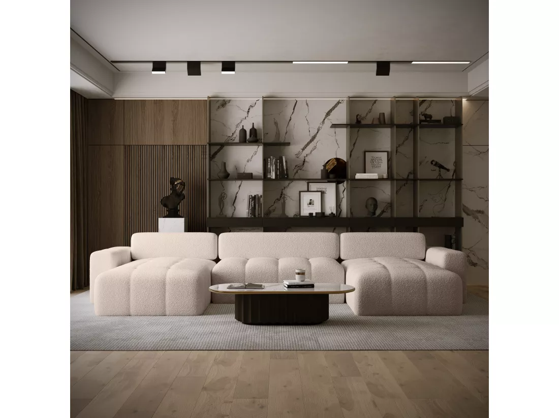 CANAPÉ PANORAMIQUE en tissu Bouclé 10 places Bornum U, Beige