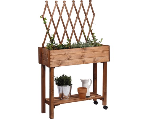 Verhoogd tuinbed op palen met trellis, mobiel, 79 x 28,5 x 130 cm, bruin gebeitst