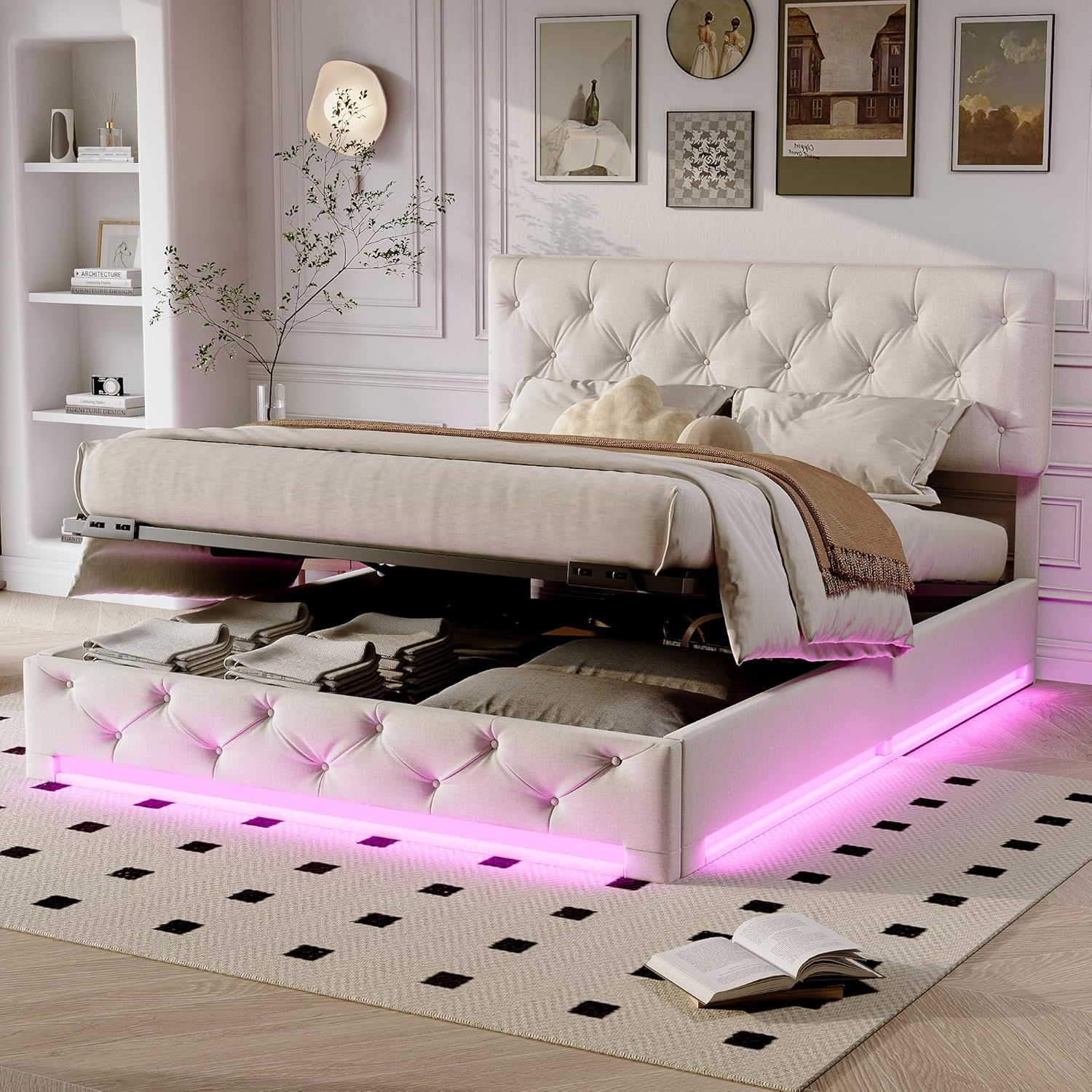 TITA-DONG Polsterbett 140x200cm mit Stauraum und bettkasten, LED Doppelbett mit Großer Stauraum und höhenverstellbar Kopfteil, Jugendbett Stauraumbett, Ohne Matratze, Beige