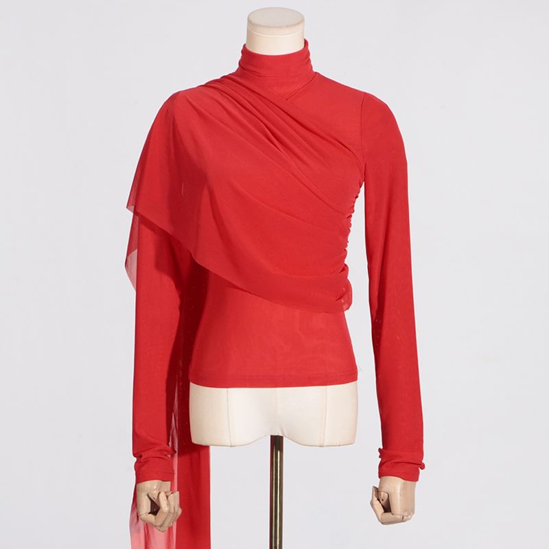 Moxub - T-shirt met lange mouwen en coltrui, effen, asymmetrisch en slim fit