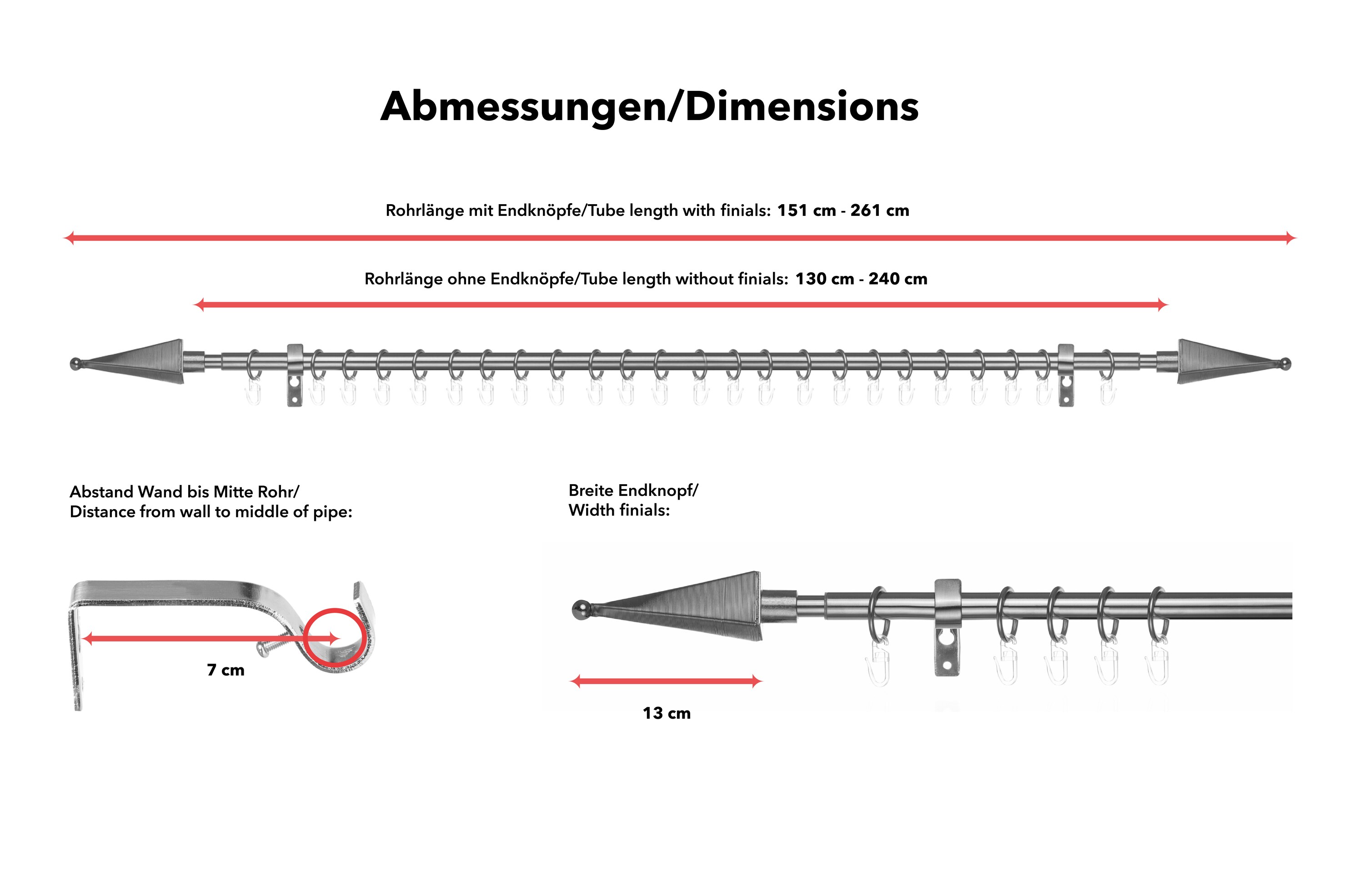 Lichtblick Gardinenstange Pyramide, 16 mm, ausziehbar 130 - 240 cm, Edelstahl Optik