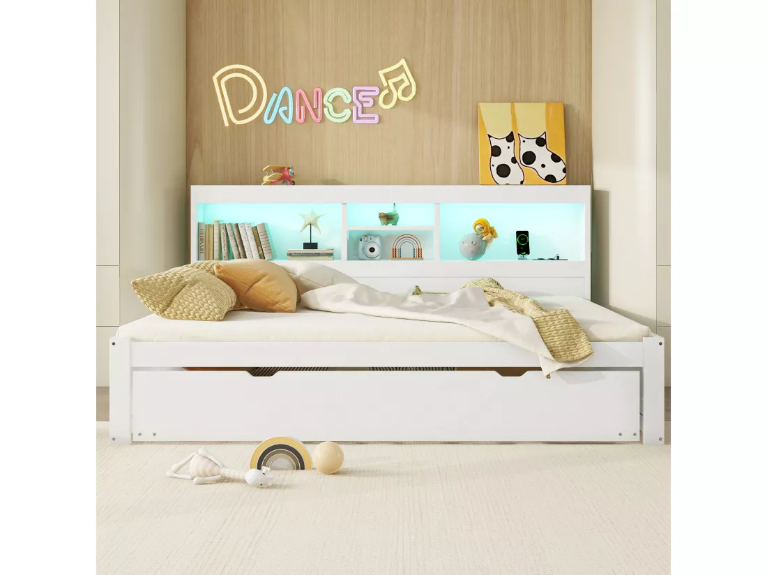 Lit banquette 140x200cm avec un lit gigogne 90x190cm - chevet de rangment avec LED et prises - Blanc