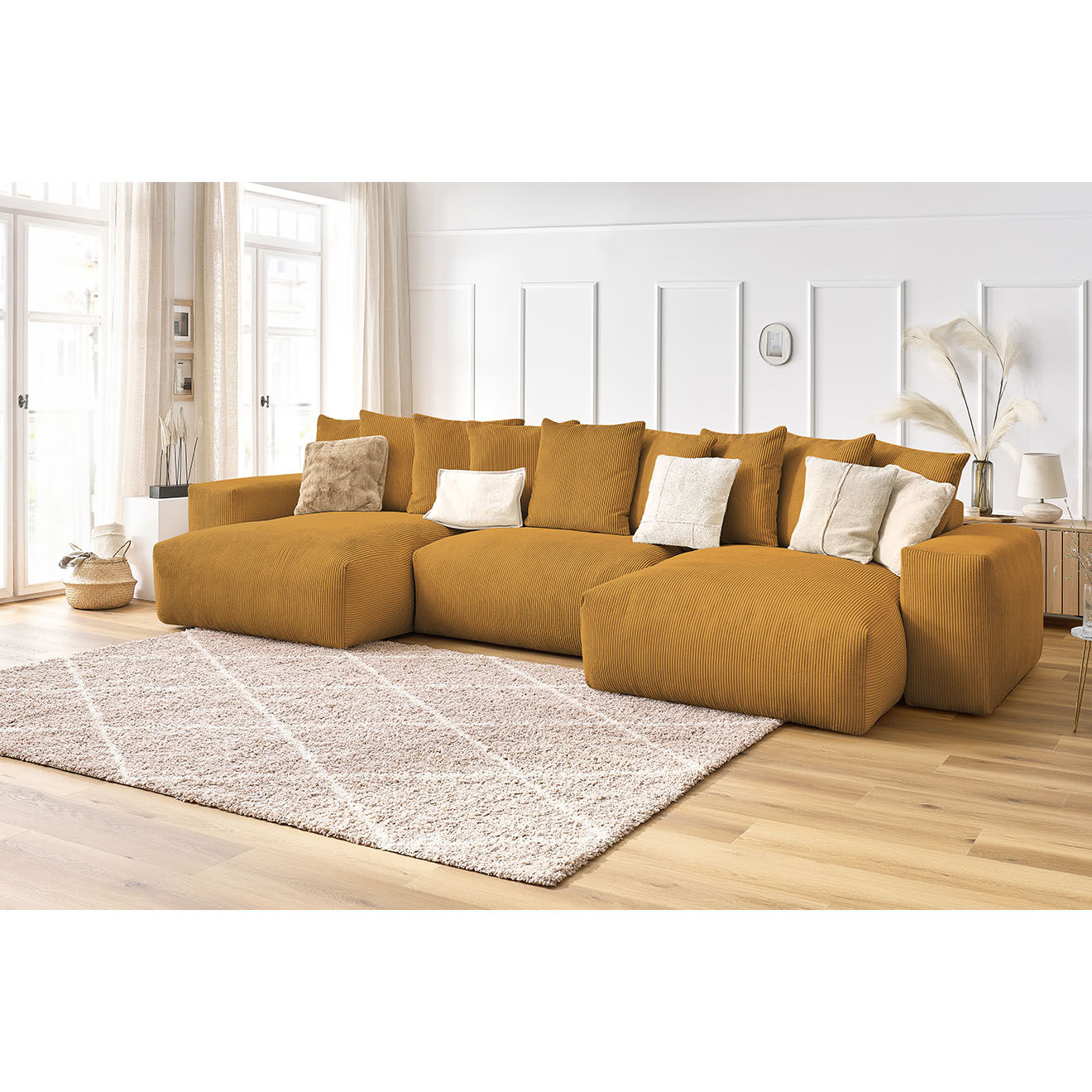 Bobochic Canapé panoramique fixe ultra moelleux voltaire velours côtelé jaune - 420x174x75 cm