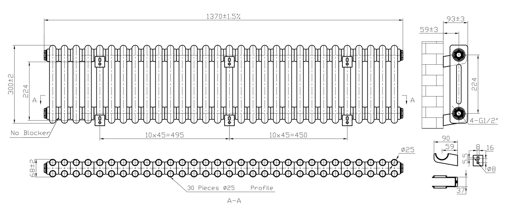 Eastbrook Imperia 2 koloms radiator 135x30cm 1048W wit glans