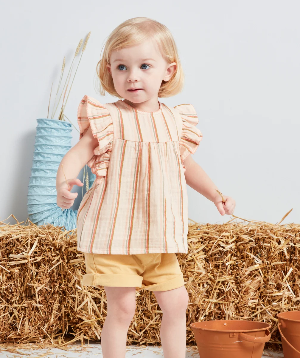 BLOUSE BÉBÉ FILLE EN COTON ROSE AVEC RAYURES COLORÉES