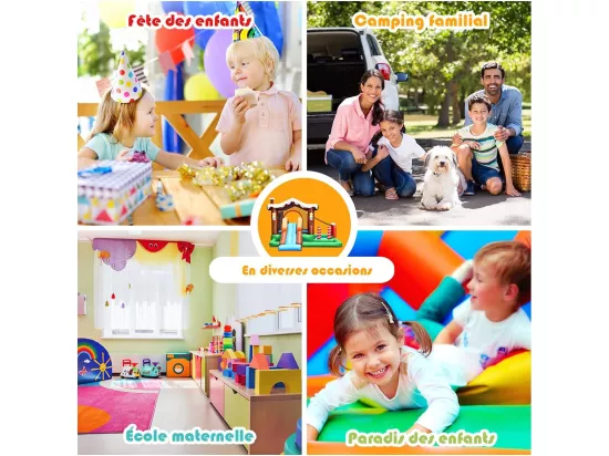 Château Gonflable pour Enfants avec Toboggan Cercle de Basket-Ball Mur d'escalade Filet de Sécurité Sac Design Mignon (sans Souffleur)