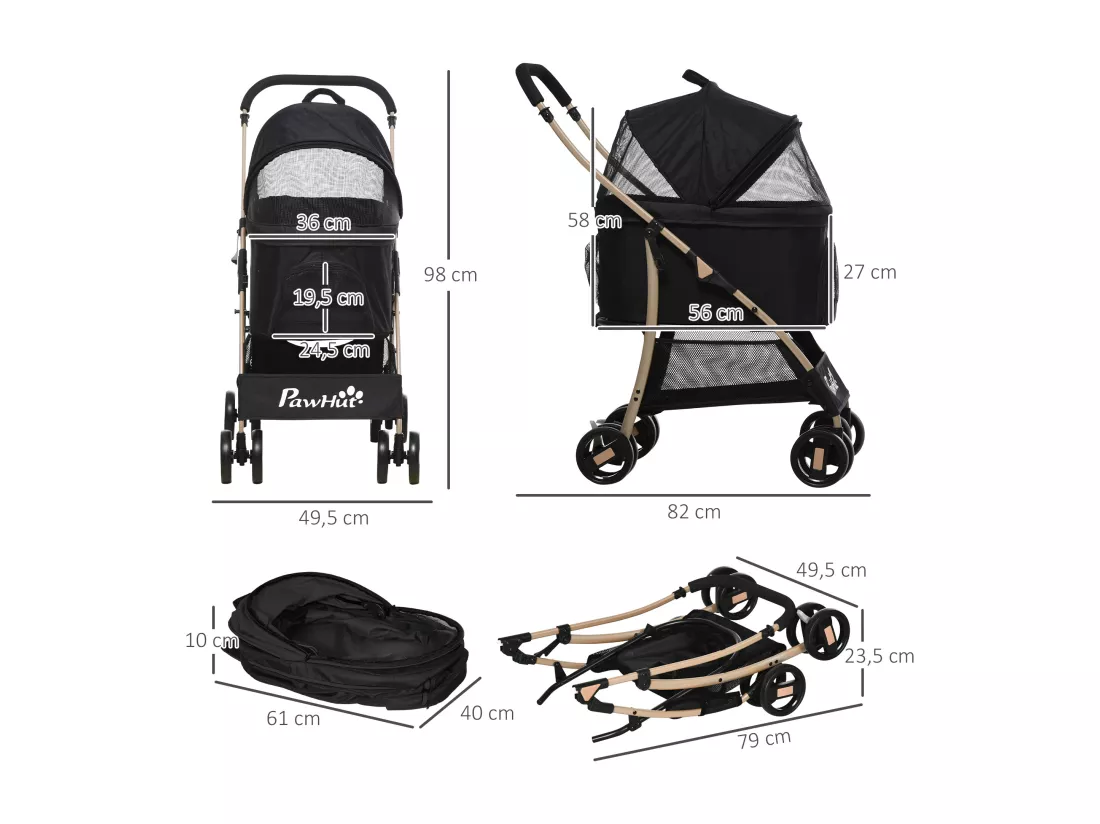 Poussette pliable pour chien chat nacelle amovible 2 en 1 - 4 roues doubles, 2 freins - acier Oxford noir