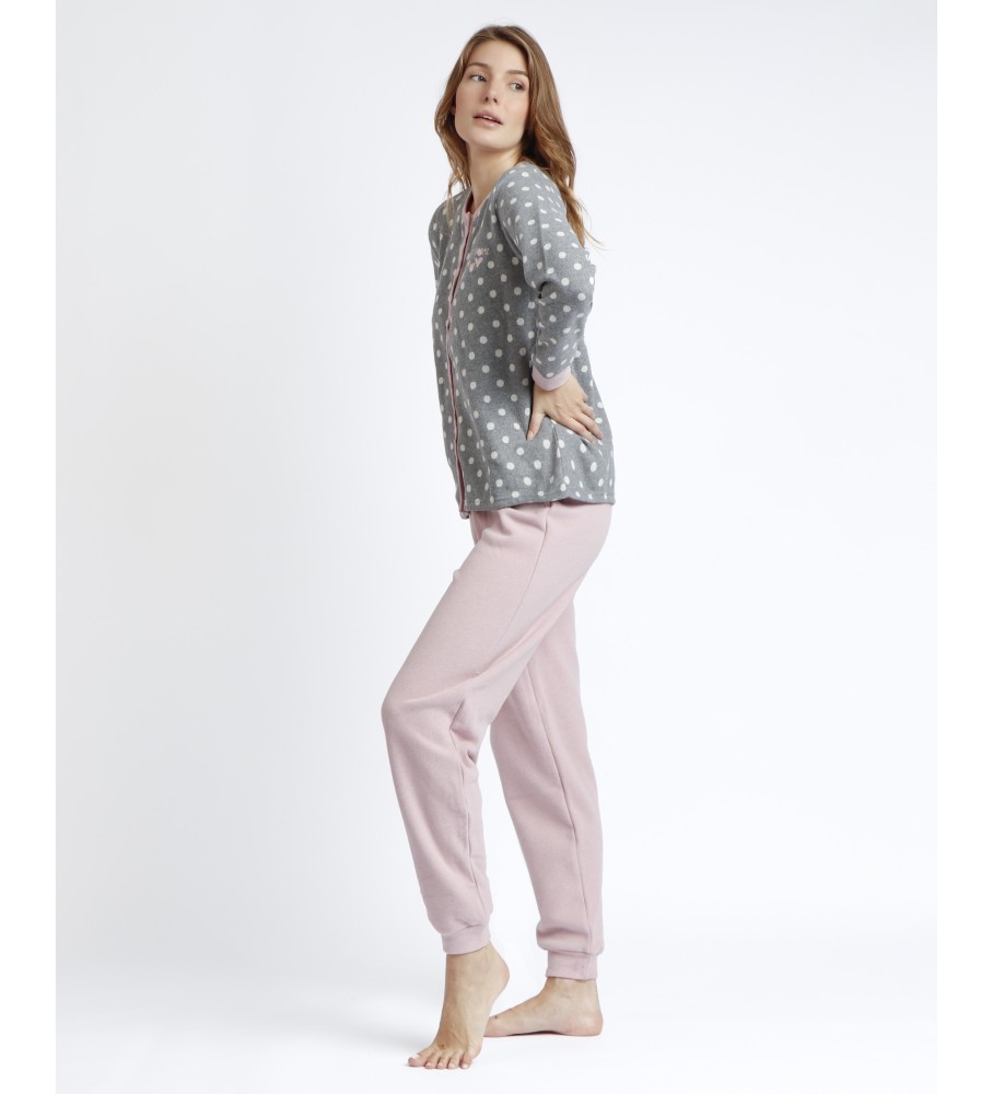 Pijama Admas de manga comprida aberta com estampa de bolinhas, cor cinza.