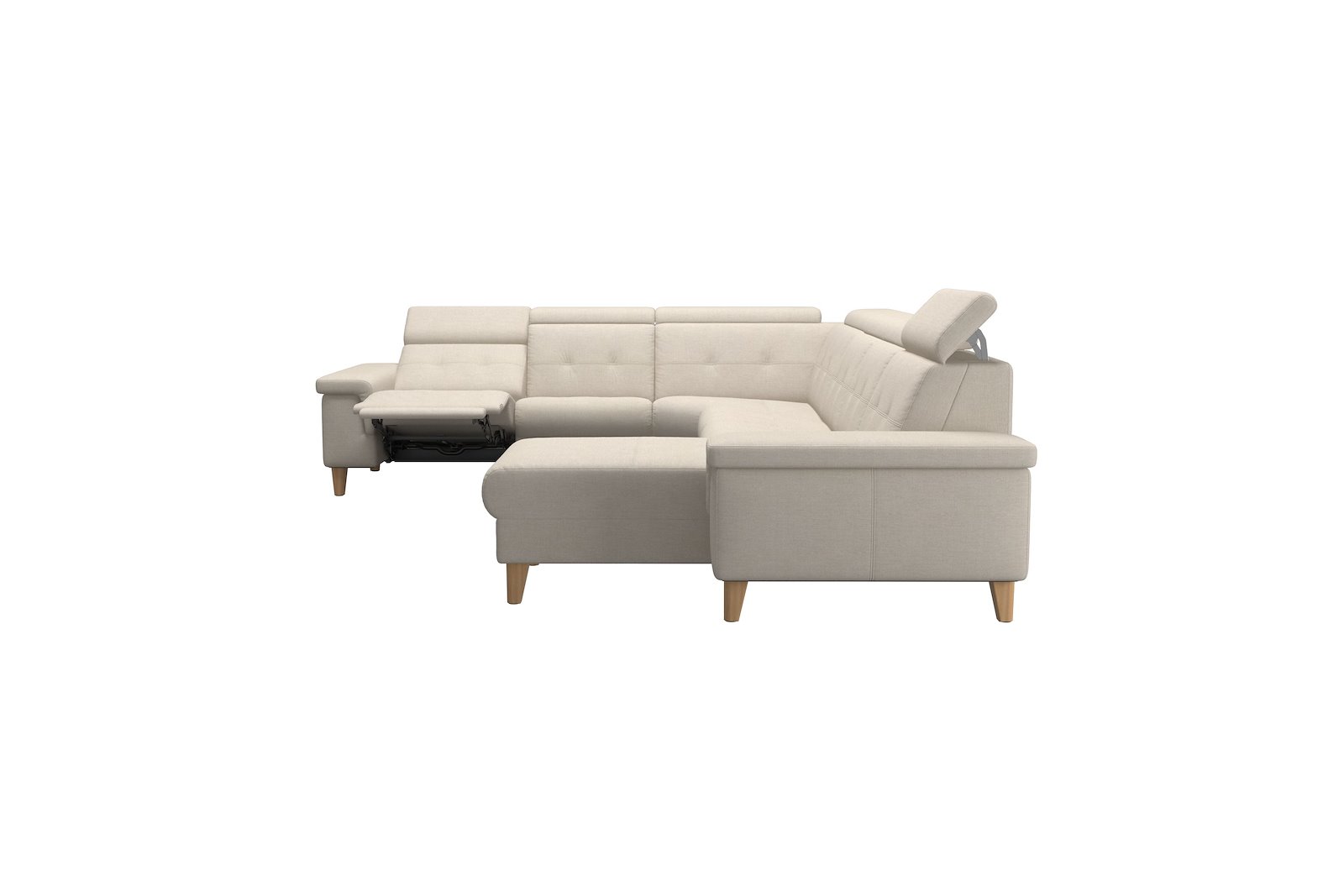 Anna C22 hjørnesofa (PMCMM) med LS (M) Tekstil Daisy Sand med A2 arm og eikbeisede skrå ben, 14 cm. (Power-Manual-CornerManual-Manual-Manual)