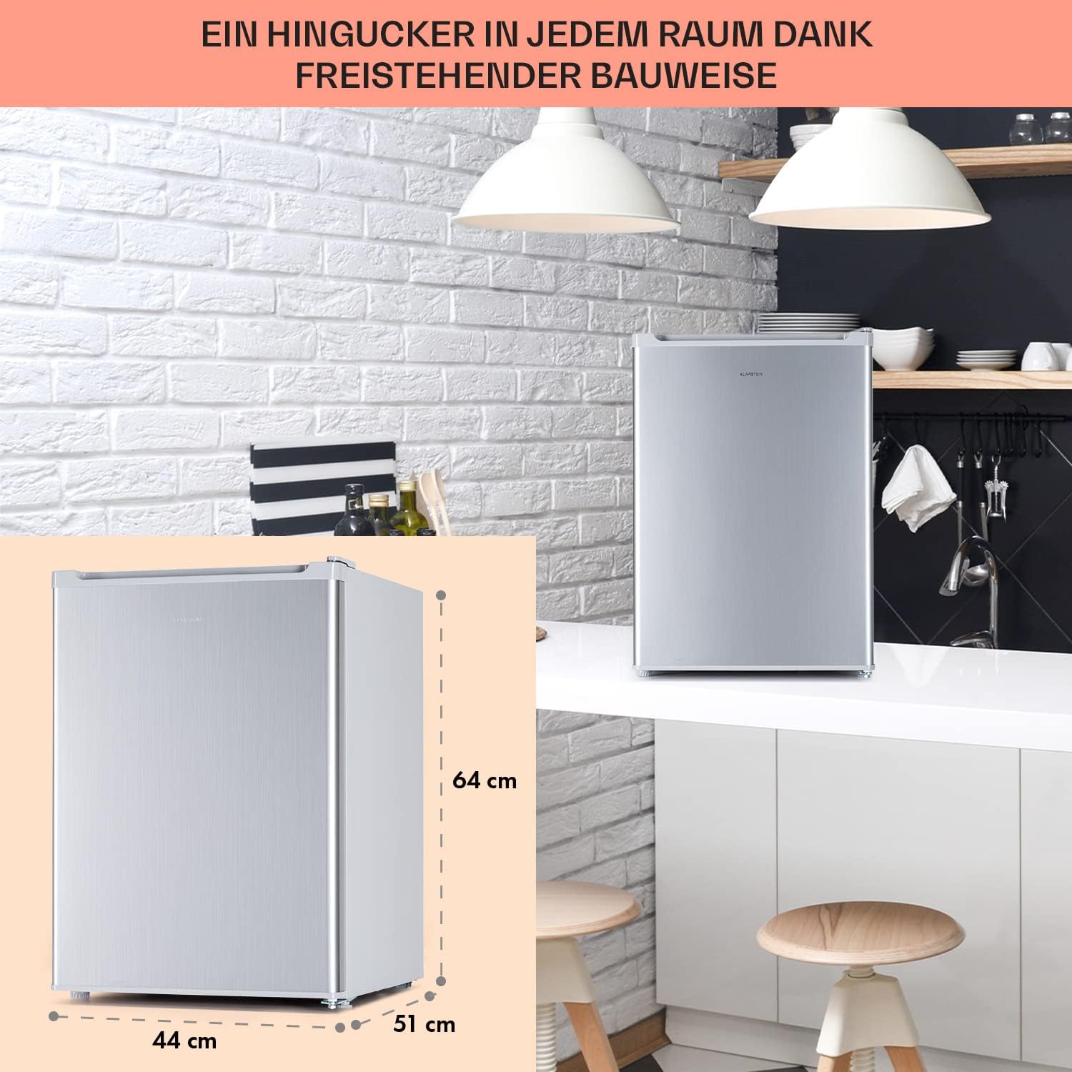 Klarstein Mini Kühlschrank, Retro Mini-Kühlschrank mit Gefrierfach, 67 Liter Getränkekühlschrank Klein & Kompakt, Kleiner Kühlschrank mit Herausnehmbaren Ablagen, Indoor/Outdoor Kühlschrank Leise