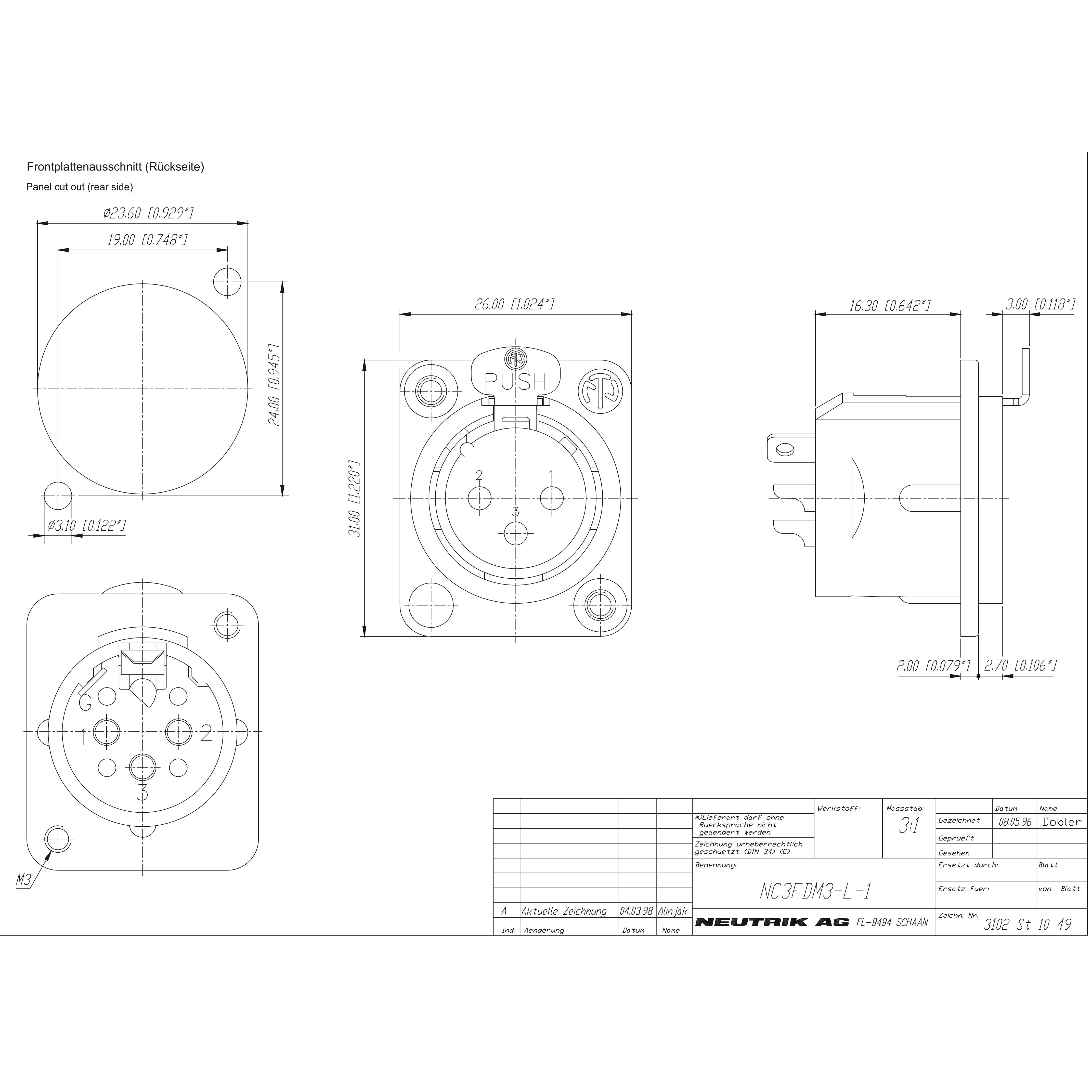 Neutrik NC3FDM3-L-1 XLR chassisdeel 3p female