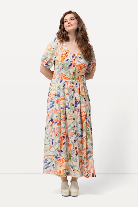 Kleid, Leinenmix, Knopfleiste, Rundhals, Halbarm