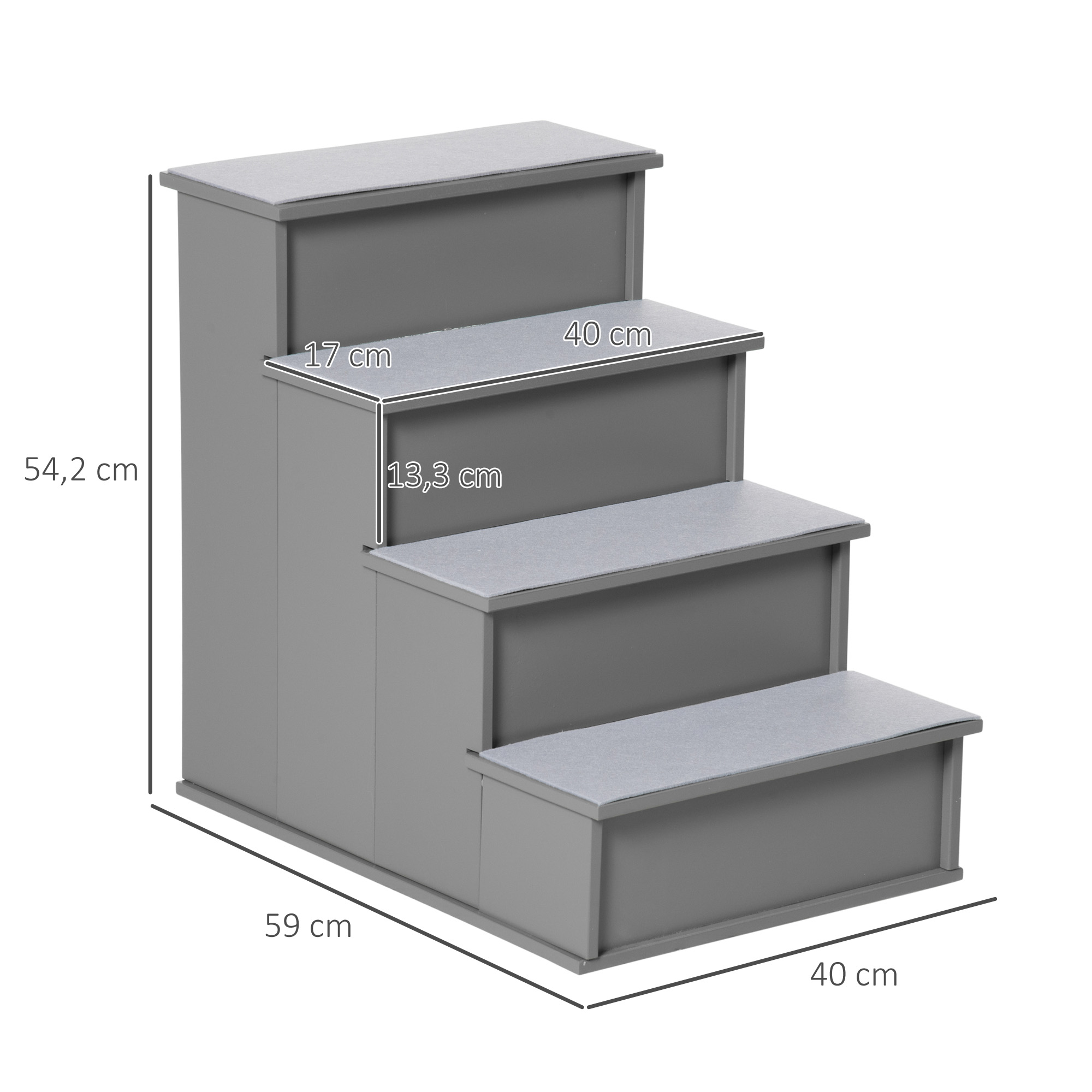 Escada para cães e gatos PawHut com 4 degraus, acolchoamento removível, capacidade de carga de 30 kg, para cama ou sofá, 40 x 59 x 54,2 cm, cinza.