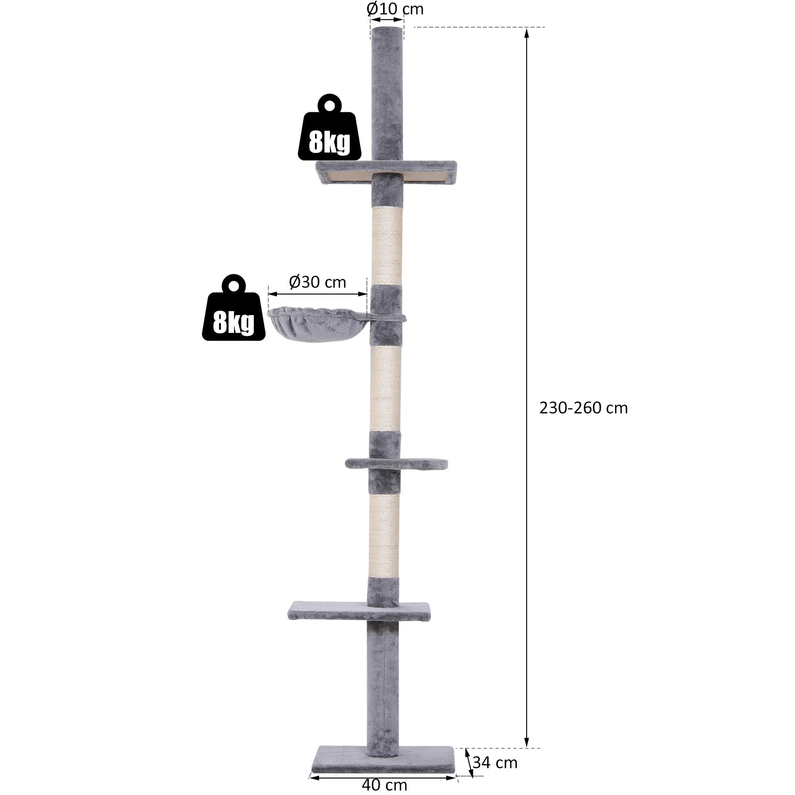 PawHut Kratzbaum höhenverstellbar 40 x 34 x 230-260 cm (LxBxH)