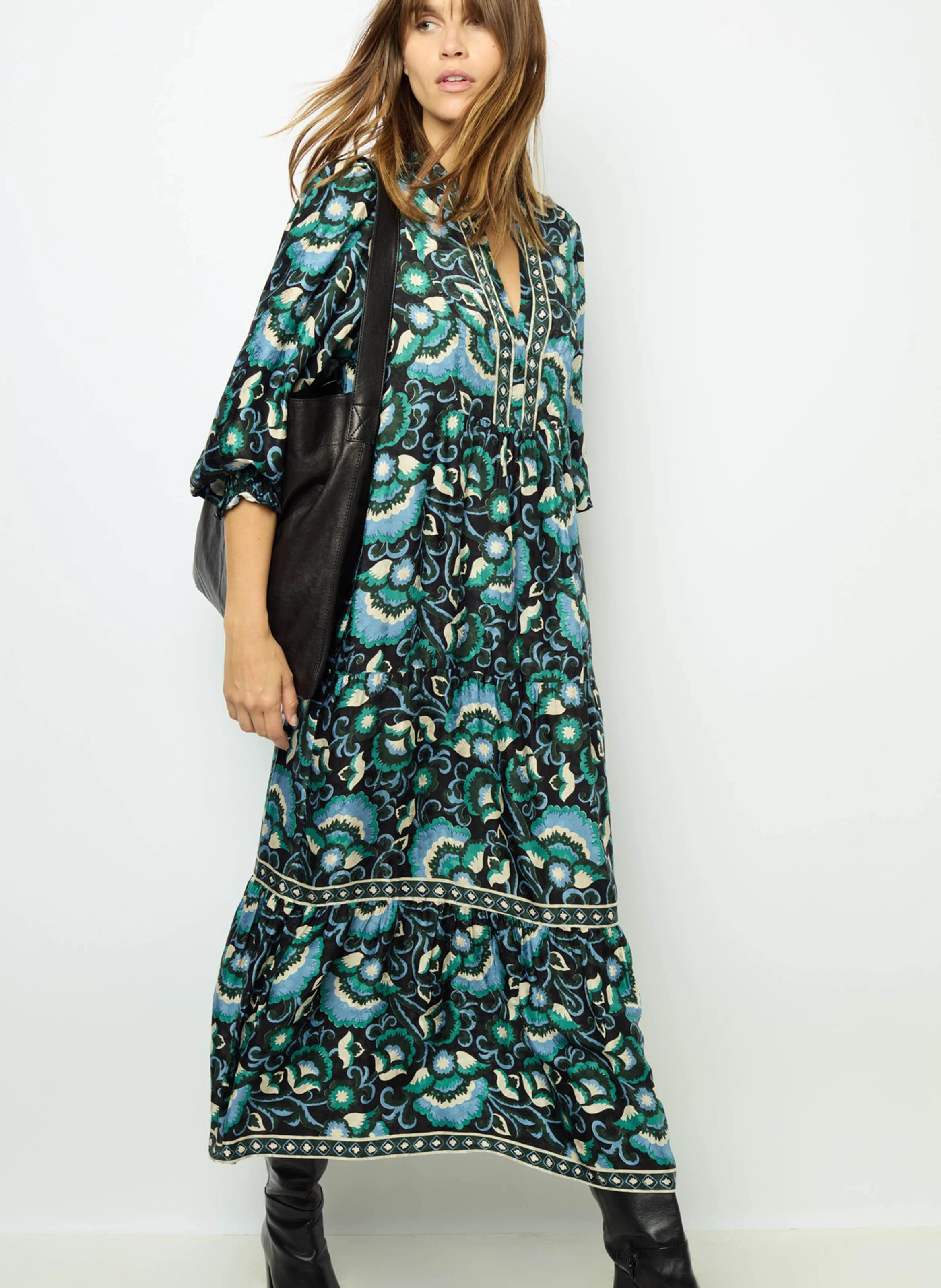 SANDA - Robe midi imprimée et jacquard | Vert