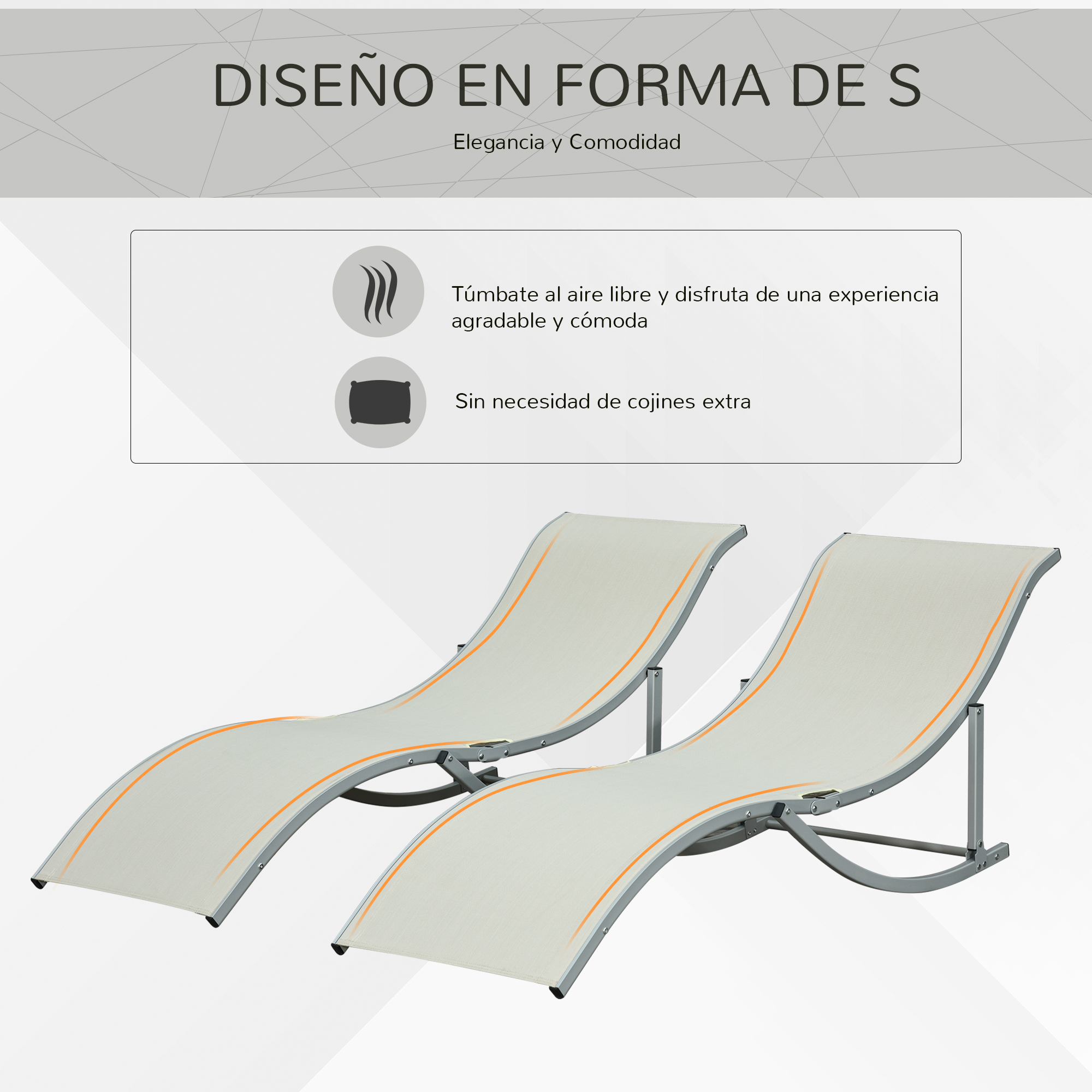 Espreguiçadeiras dobráveis ergonômicas Outsunny em formato de S com estrutura de alumínio e tecido Textilene para piscina, pátio, jardim e terraço, 165x61x63 cm, bege.