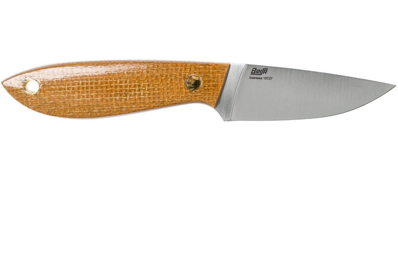 Brisa Bobtail 80 mustard micarta handle, 12C27, Multicarry sheath 9951