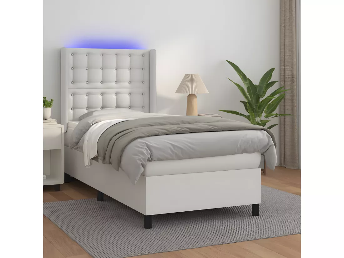 Sommier tapissier et matelas et LED Blanc 100x200 cm Similicuir