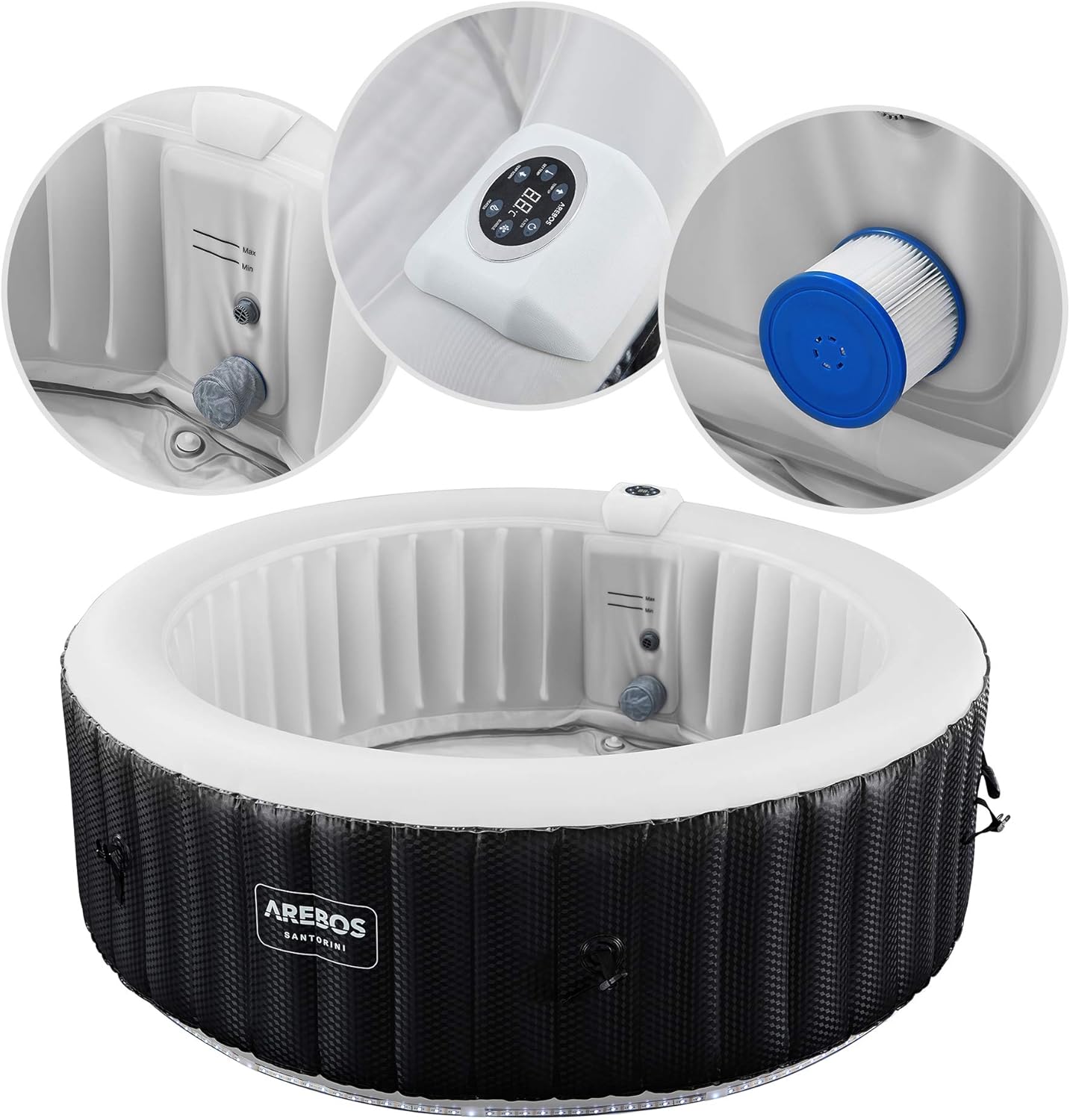 Arebos Whirlpool | automatisch aufblasbar | In & Outdoor | 6 Personen | ⌀ 208 cm | LED Leuchtband | 130 Massagedüsen | 1000 Liter | Inkl. Abdeckung | Bubble Spa & Wellness Massage