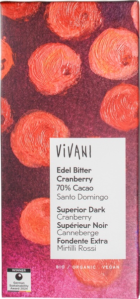 Vivani Chocolate-Bar Cranberry Dark 70% Santo Domingo (100 gr)