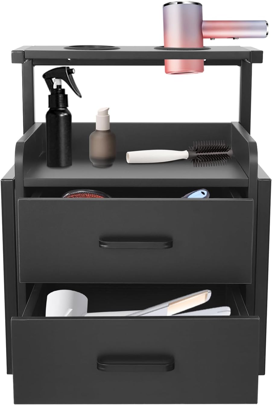 Hängender Salon-Wandschrank Schwebender Salon-Speicherschrank wandmontierter Salon-Aufbewahrungsschrank mit 2 Schubladen und Haartrocknerständer, Speicherschrank für Friseursalon (Schwarz)