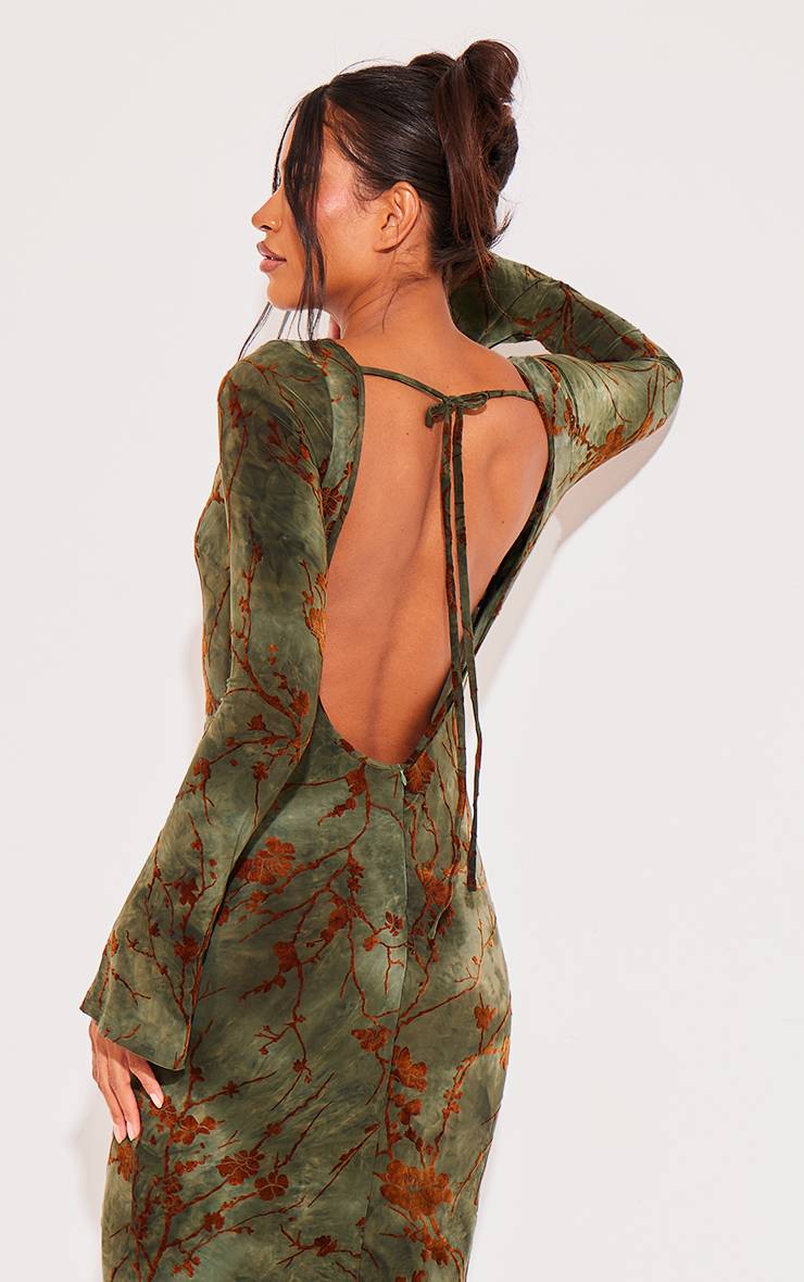 Vert Robe Longue Maxi À Manches Longues En Dévoré Fleuri