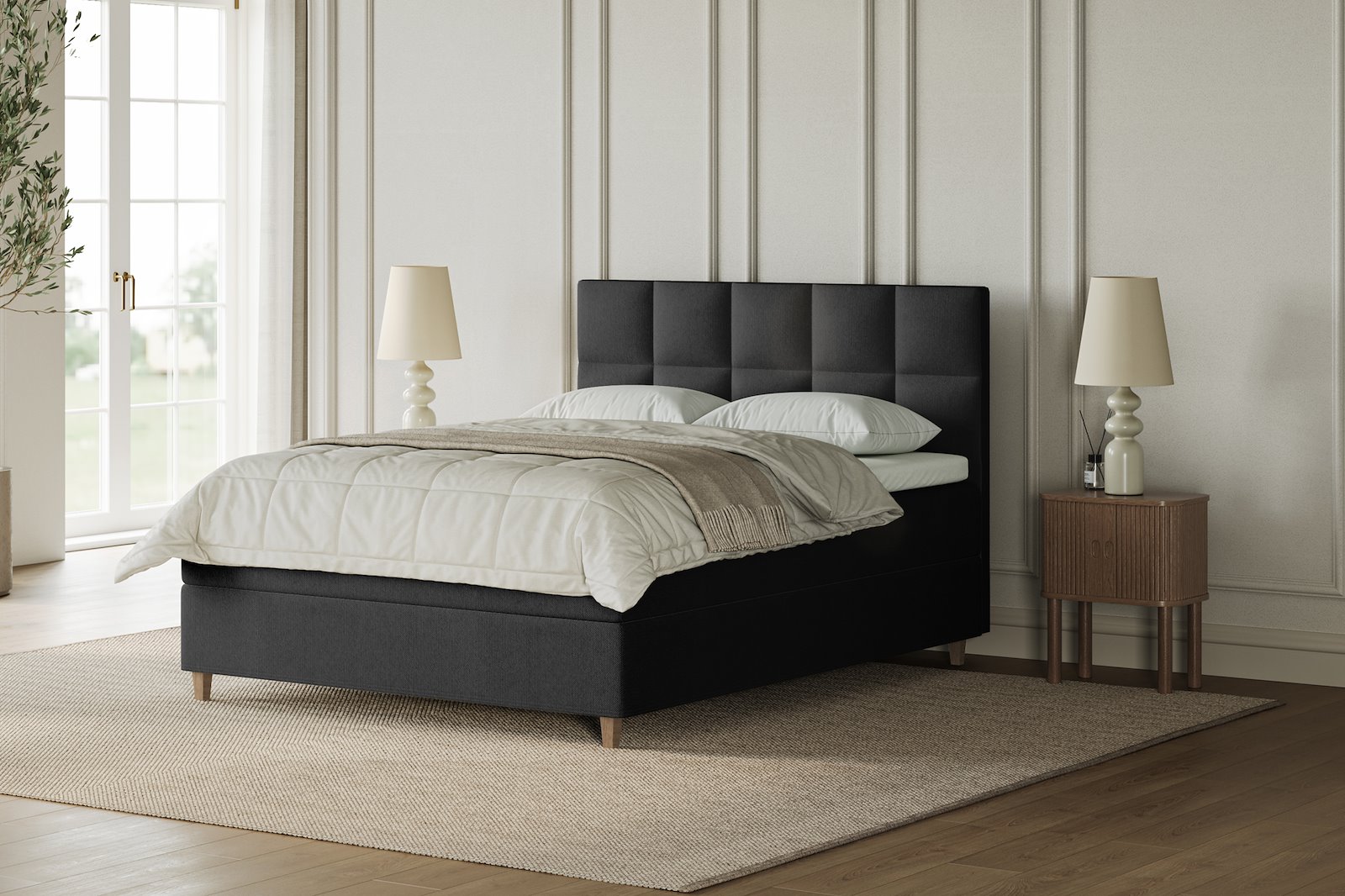 XOV Venus Kontinentalseng 150x200 cm i tekstil Terranova 01 sort, medium/fast med Premium 15 overmadrass og sort firkantede ben, gavl selges separate