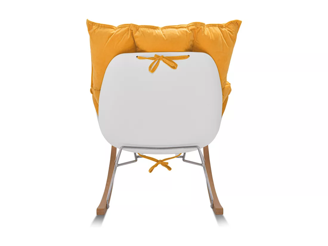 Santiago - Fauteuil à bascule design en Pp et bois de pin. Fauteuil à bascule Delia en velours jaune avec coussin rembourré et matelassé