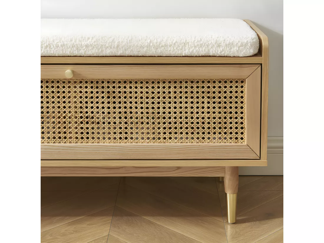 Bombong - Banc d'entrée avec rangement chaussures en bois et cannage L100cm - Bois clair