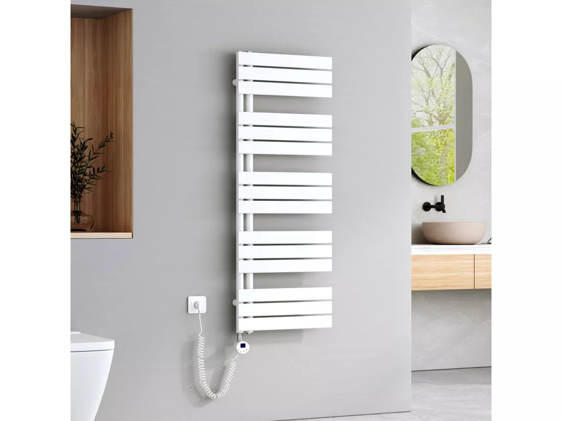 EMKE Sèche-Serviettes Électrique Panneau avec élément chauffant thermostat, baguette chauffante avec minuterie, Blanc 1320x500mm 800W