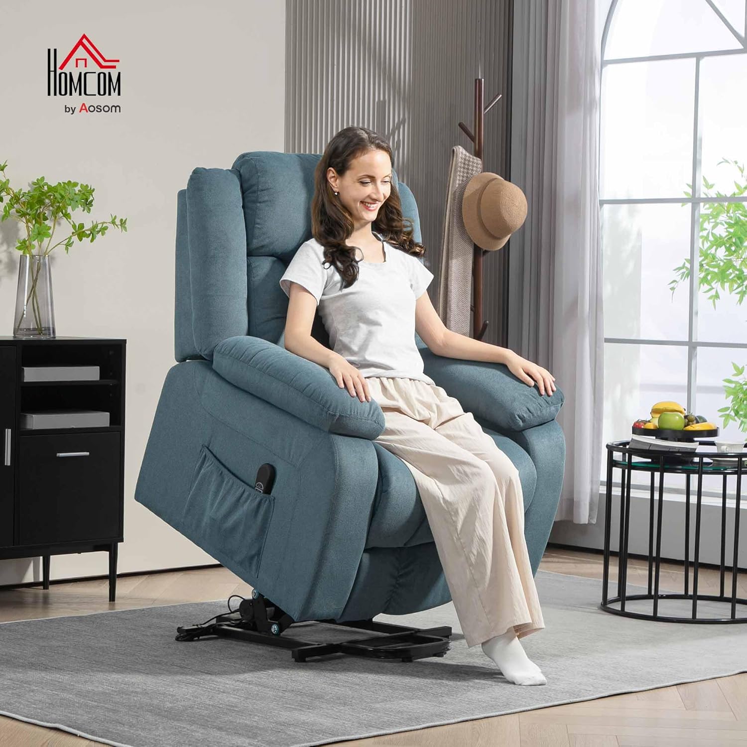 HOMCOM Fernsehsessel mit Aufstehhilfe Elektrisch Relaxsessel mit Liegefunktion, Gepolstert TV-Sessel mit Fernbedienung, Federungssystem und Seitentasche, für Wohnzimmer, Samt, Blau