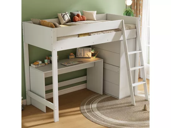 Lit mezzanine pour enfants, avec échelle, bureau, armoire, sans matelas, bois massif, blanc 90 * 200
