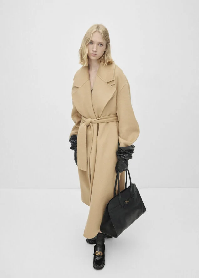 MANGO Woollen coat with belt Medium brown