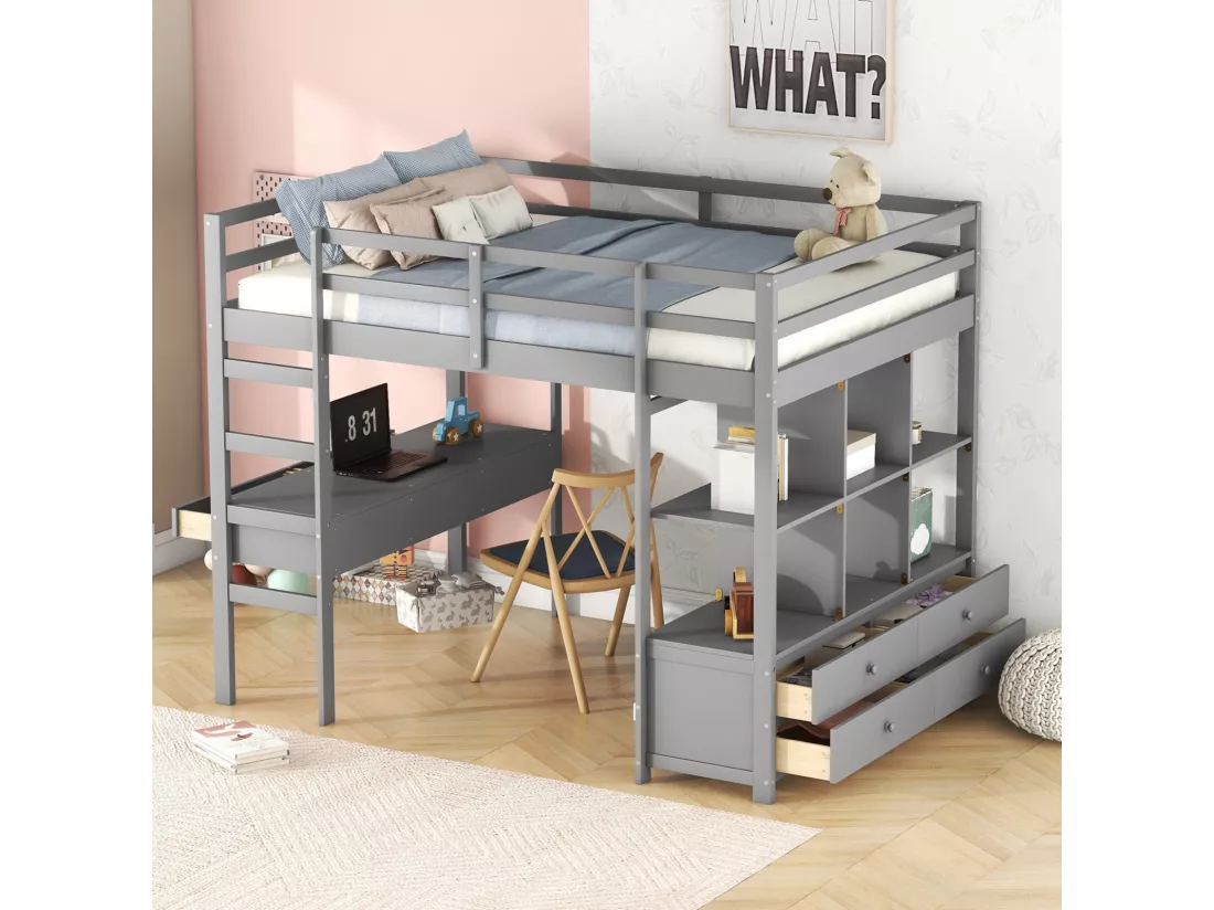 Lit mezzanine 140x200cm pour enfant - lit surélevé avec tiroirs de rangement, bureau et bibliothèque de rangement sous le lit - gris