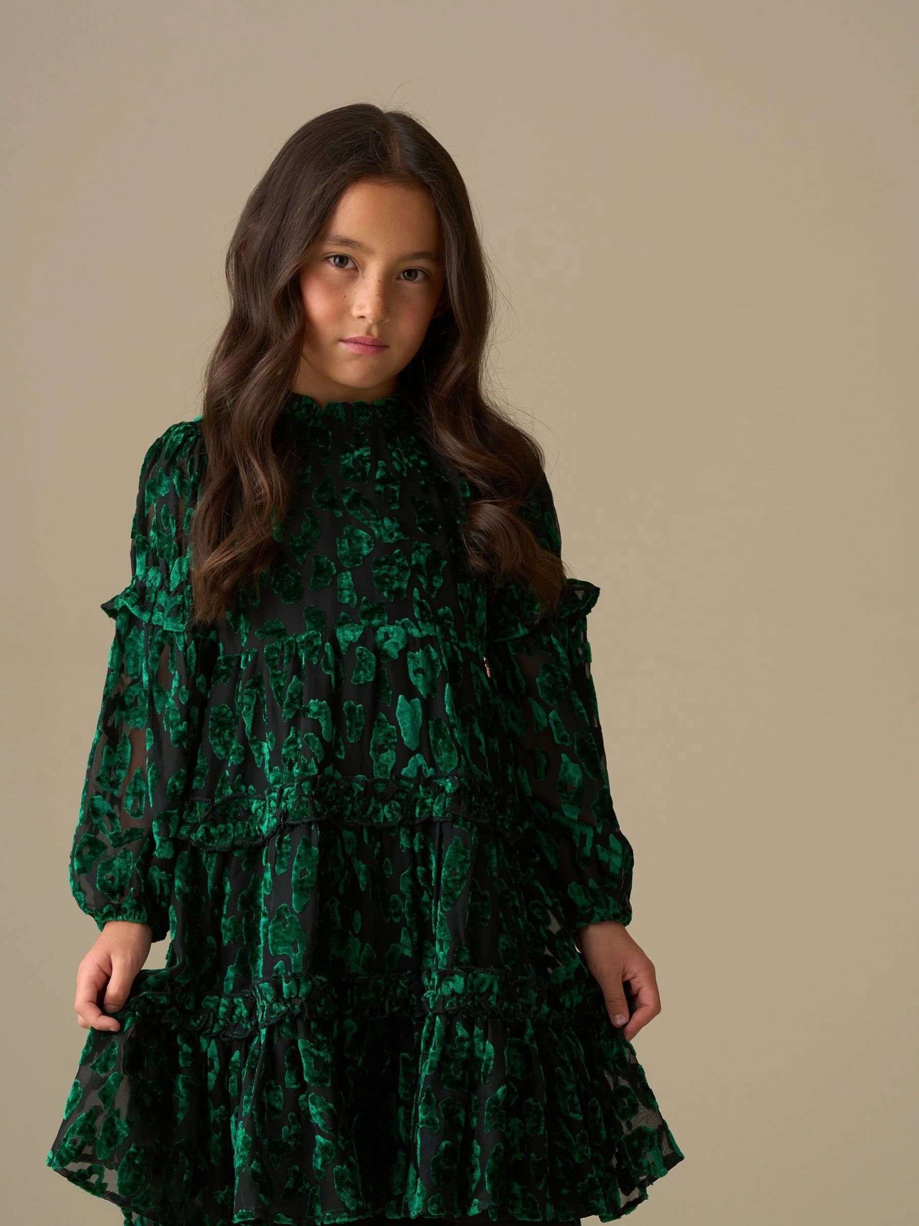 Groen - Angel & Rocket Poppy Devore Velvet Tiered Dress