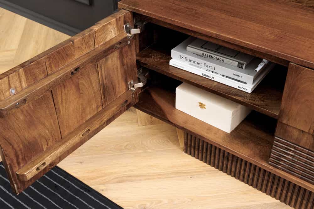 Massives TV-Board ART DECO 200cm braun Mangoholz Lowboard 3D-Front