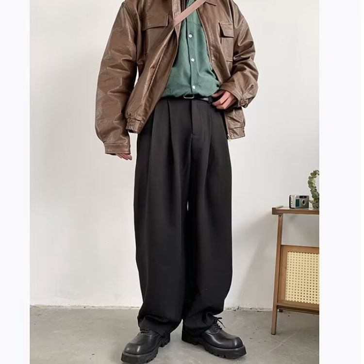 Sinlarity - Mid Rise Plain Straight Leg Dress Pants