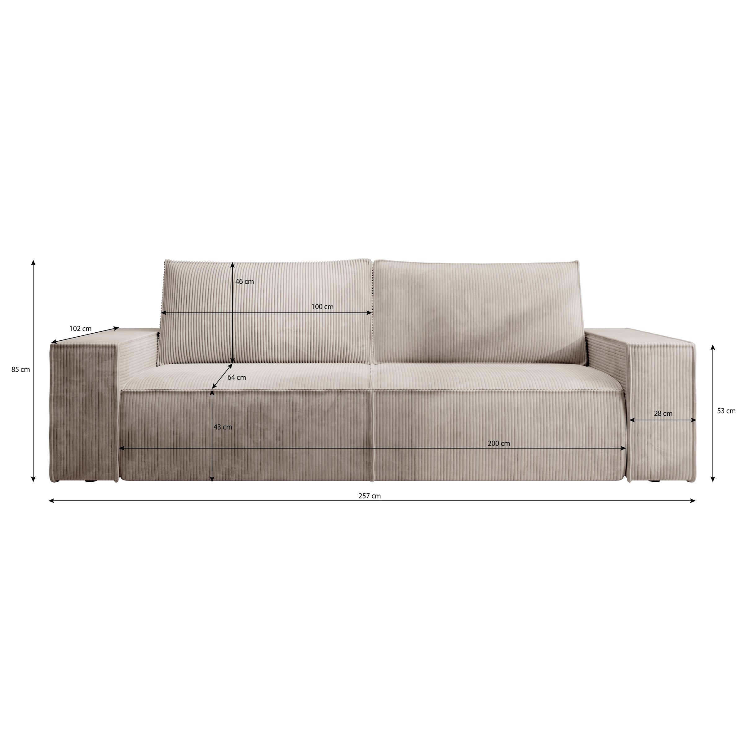 Foster - 3-zitsbank met slaapfunctie - Ribstof beige - 257x102x85 cm