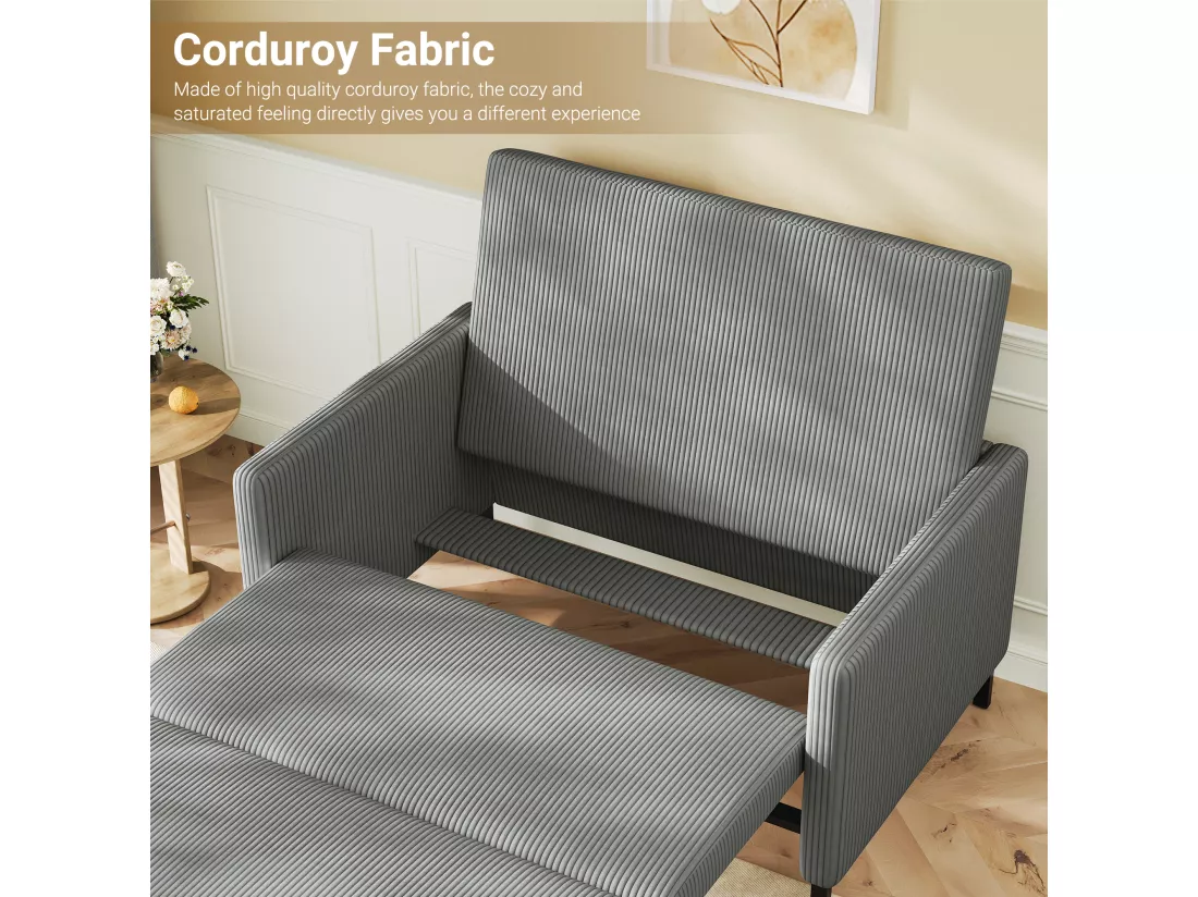 Canape 2 places convertible clic-clac, en Velours côtelé gris, Couchage 170 cm, Matelas 10 cm, pour Studio/Salon/Chambre