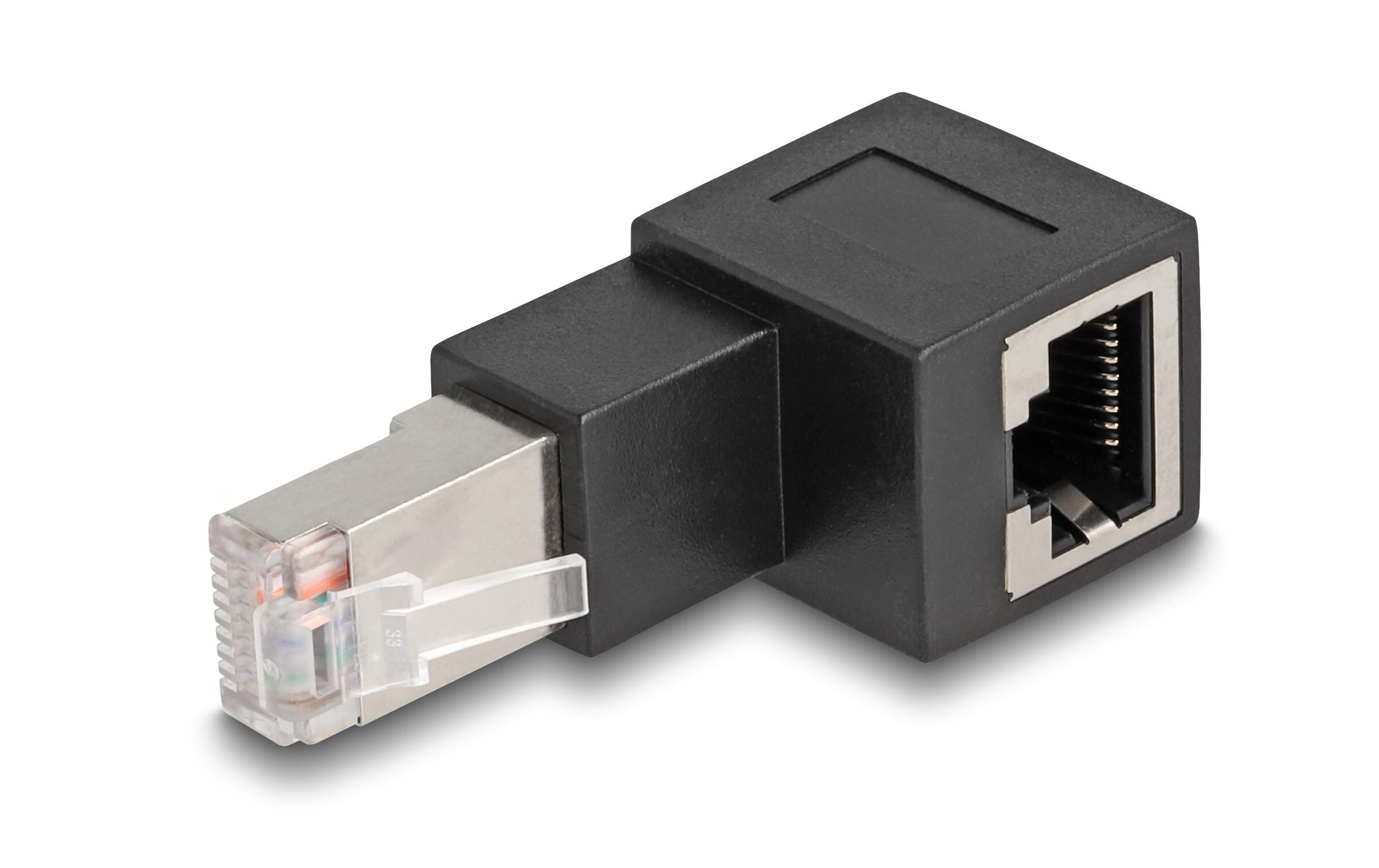 Winkeladapter 90° RJ45 nach oben, Cat.6A 1 StückDelock RJ45 Stecker zu RJ45 Buchse Adapter Cat.6A 90° nach oben gewinkelt
