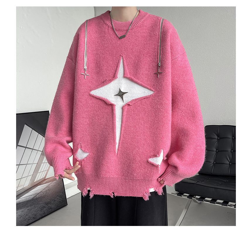 ROOSE - Oversized trui met ronde hals en tweekleurige ritsaccenten